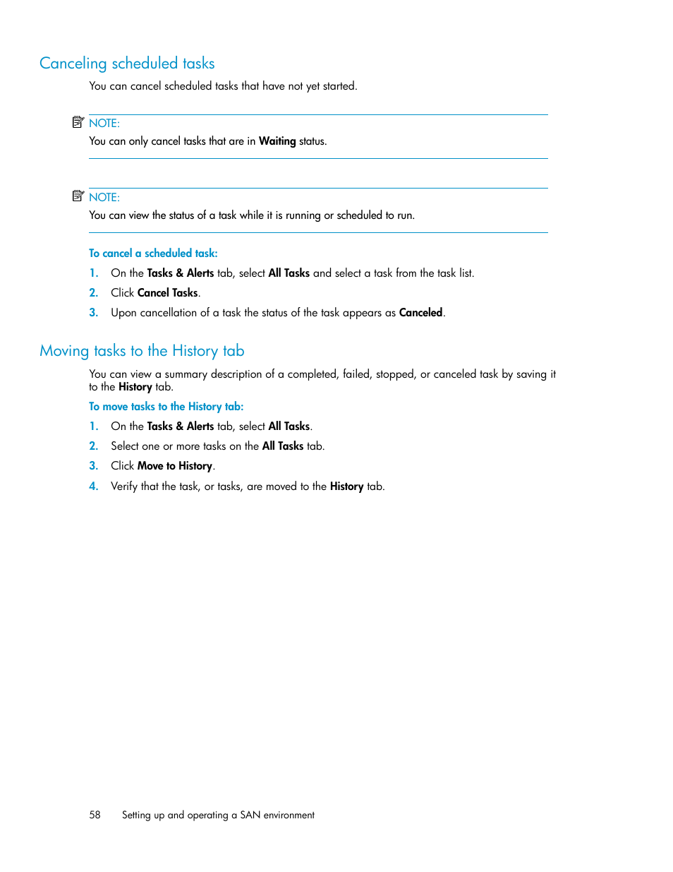 Canceling scheduled tasks, Moving tasks to the history tab, 58 moving tasks to the history tab | HP XP Array Manager Software User Manual | Page 58 / 128