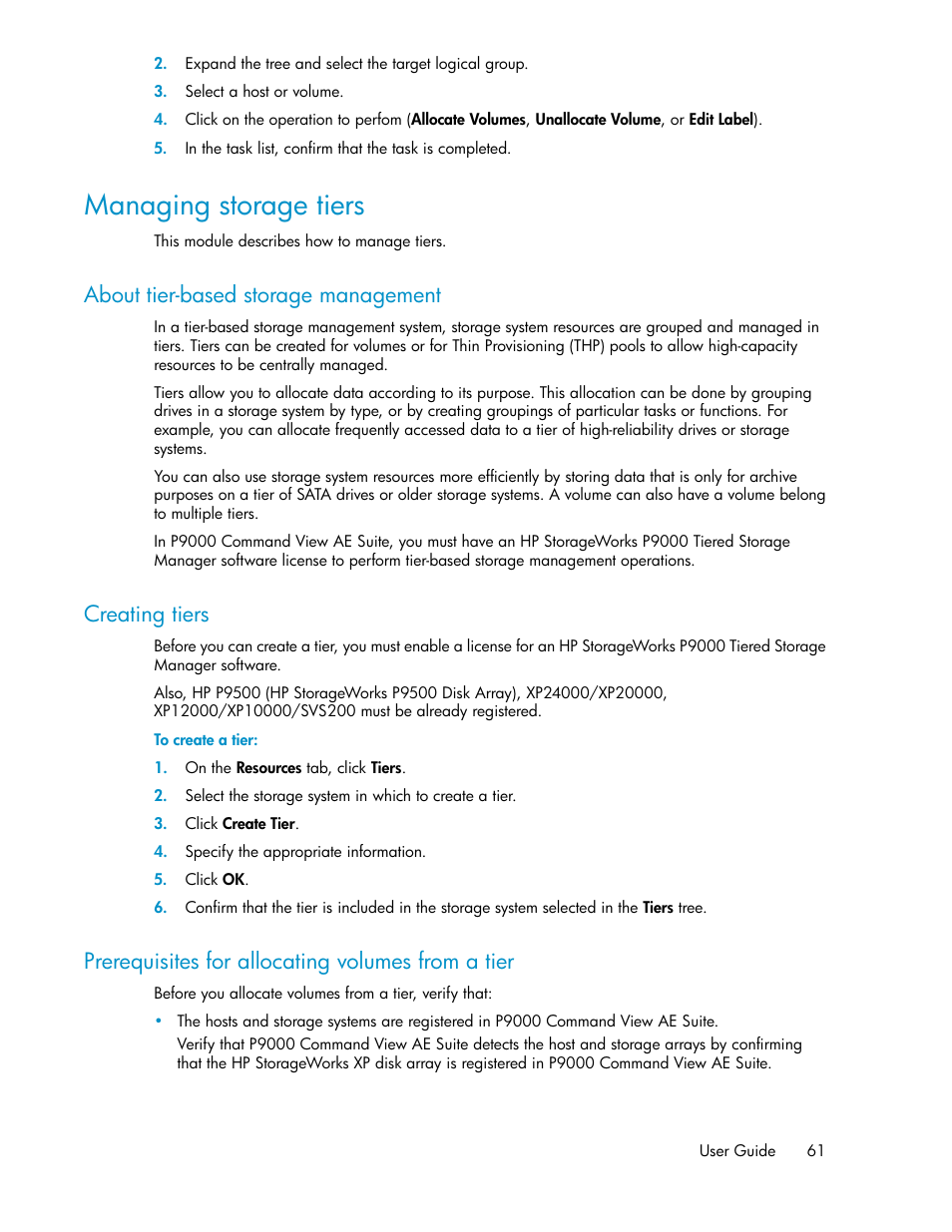 Managing storage tiers, About tier-based storage management, Creating tiers | Prerequisites for allocating volumes from a tier, 61 creating tiers | HP XP Array Manager Software User Manual | Page 61 / 128