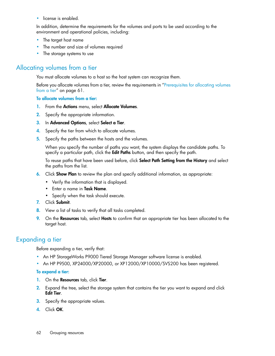 Allocating volumes from a tier, Expanding a tier, 62 expanding a tier | HP XP Array Manager Software User Manual | Page 62 / 128