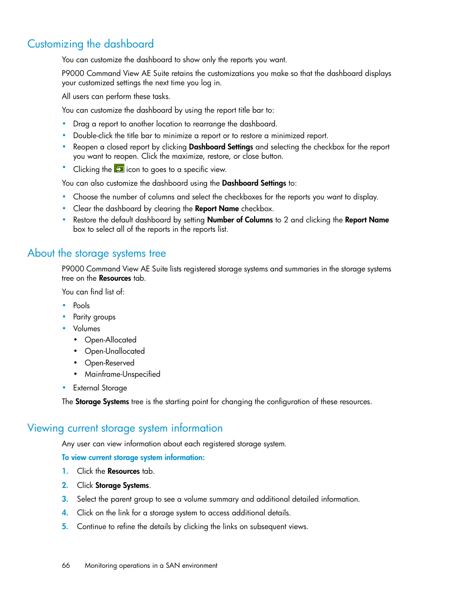 Customizing the dashboard, About the storage systems tree, Viewing current storage system information | 66 about the storage systems tree, 66 viewing current storage system information | HP XP Array Manager Software User Manual | Page 66 / 128