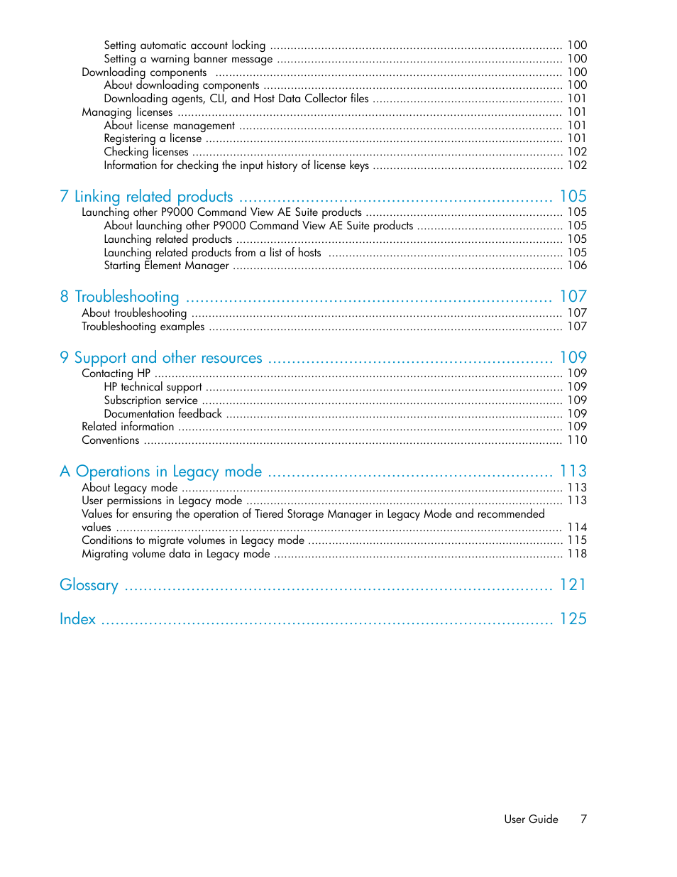 7 linking related products, 8 troubleshooting, 9 support and other resources | A operations in legacy mode, Glossary index | HP XP Array Manager Software User Manual | Page 7 / 128