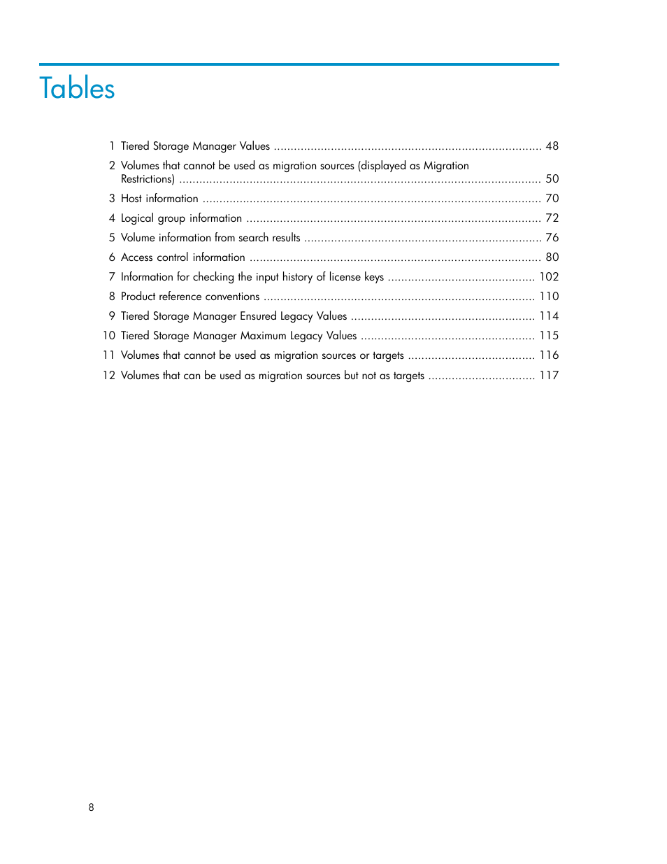 Tables | HP XP Array Manager Software User Manual | Page 8 / 128