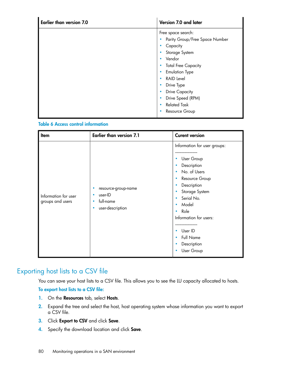 Exporting host lists to a csv file, Access control information | HP XP Array Manager Software User Manual | Page 80 / 128