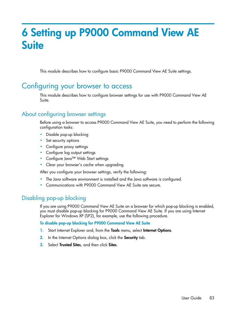 6 setting up p9000 command view ae suite, Configuring your browser to access, About configuring browser settings | Disabling pop-up blocking, 83 disabling pop-up blocking | HP XP Array Manager Software User Manual | Page 83 / 128