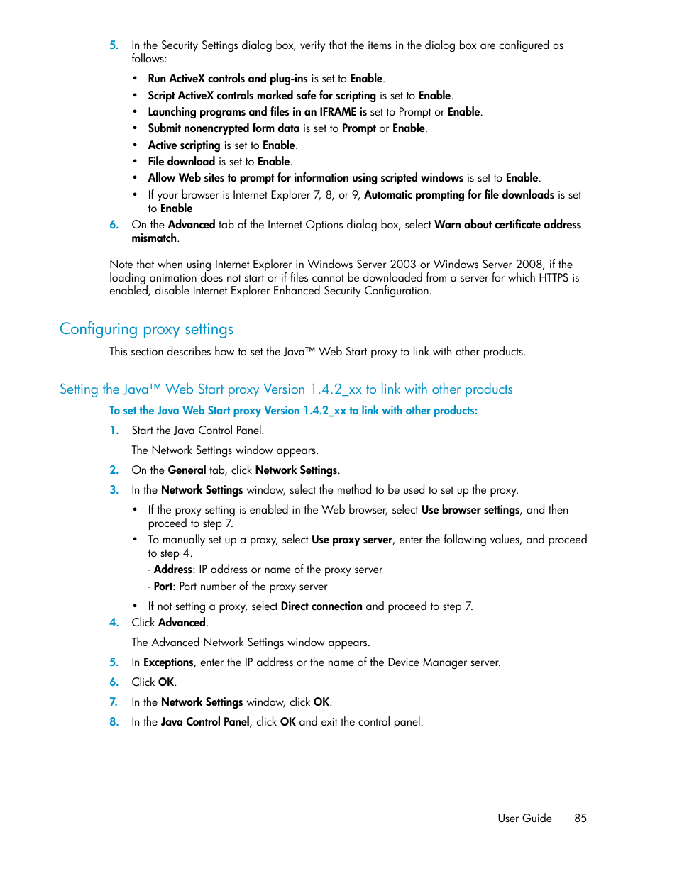 Configuring proxy settings | HP XP Array Manager Software User Manual | Page 85 / 128