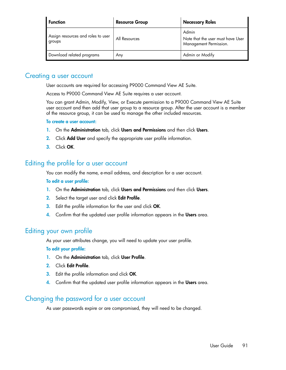 Creating a user account, Editing the profile for a user account, Editing your own profile | Changing the password for a user account, 91 editing the profile for a user account, 91 editing your own profile, 91 changing the password for a user account | HP XP Array Manager Software User Manual | Page 91 / 128