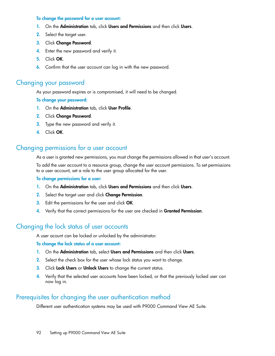 Changing your password, Changing permissions for a user account, Changing the lock status of user accounts | 92 changing permissions for a user account, 92 changing the lock status of user accounts | HP XP Array Manager Software User Manual | Page 92 / 128