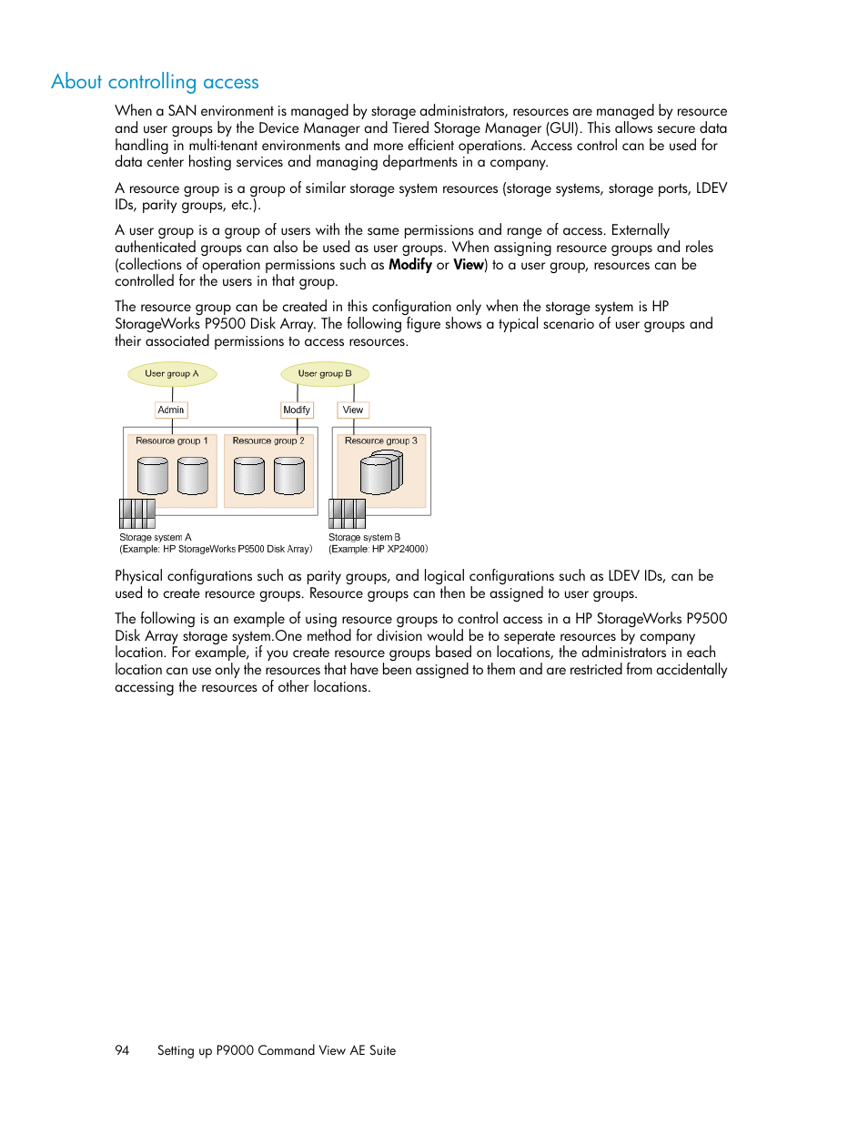 About controlling access | HP XP Array Manager Software User Manual | Page 94 / 128