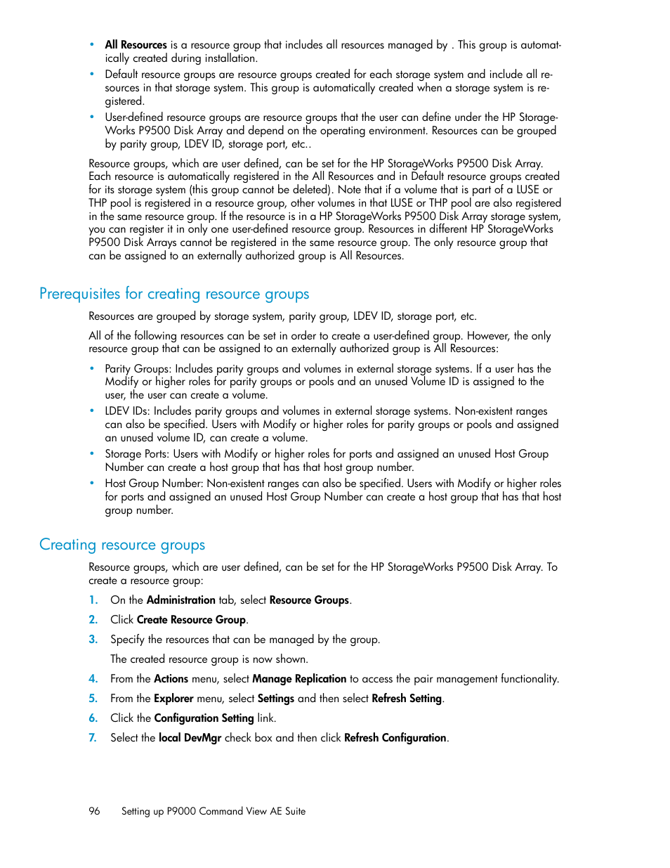 Prerequisites for creating resource groups, Creating resource groups, 96 creating resource groups | HP XP Array Manager Software User Manual | Page 96 / 128