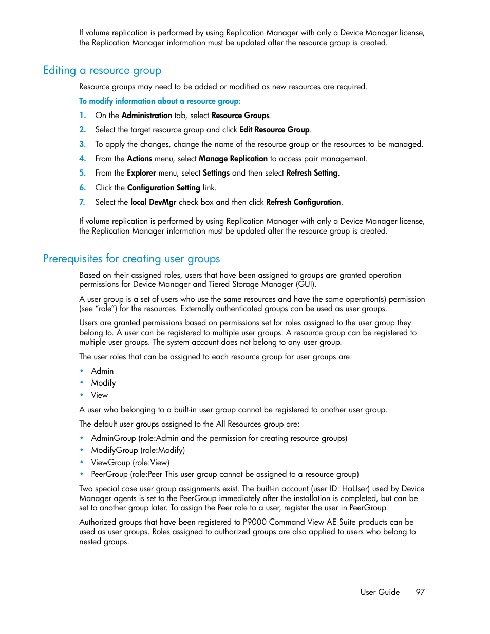 Editing a resource group, Prerequisites for creating user groups, 97 prerequisites for creating user groups | HP XP Array Manager Software User Manual | Page 97 / 128