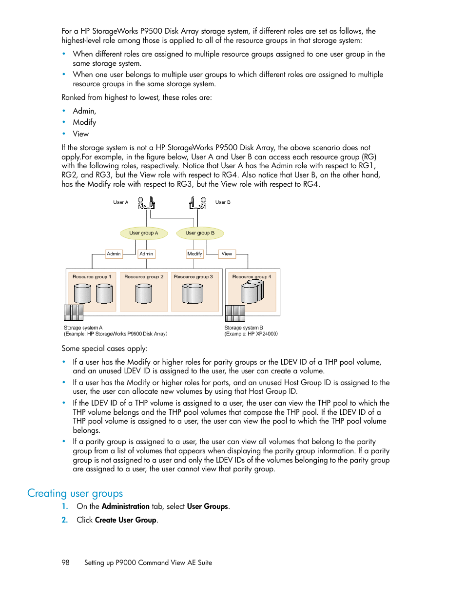 Creating user groups | HP XP Array Manager Software User Manual | Page 98 / 128