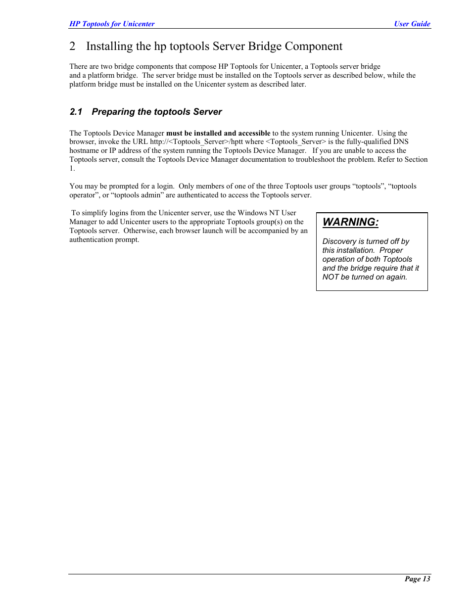Installing the hp toptools server bridge component, Preparing the toptools server, Reparing the toptools | Erver, Warning | HP TopTools User Manual | Page 13 / 85