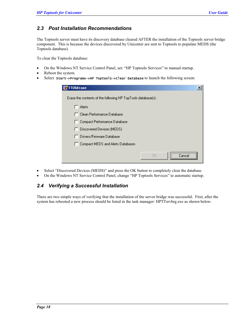 Post installation recommendations, Verifying a successful installation, Nstallation | Ecommendations, Erifying a, Uccessful | HP TopTools User Manual | Page 18 / 85