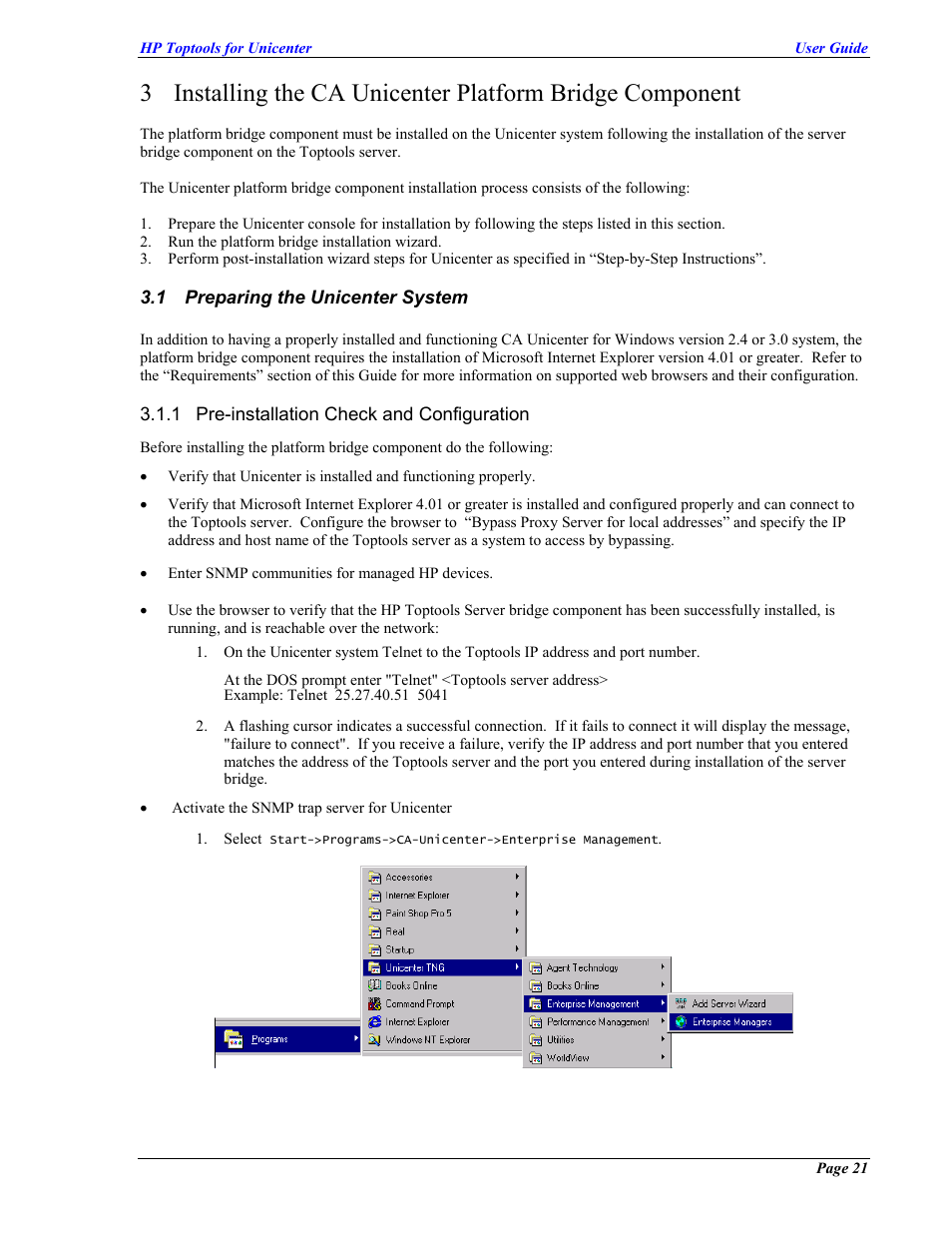 Preparing the unicenter system, Pre-installation check and configuration, Reparing the | Nicenter, Ystem | HP TopTools User Manual | Page 21 / 85