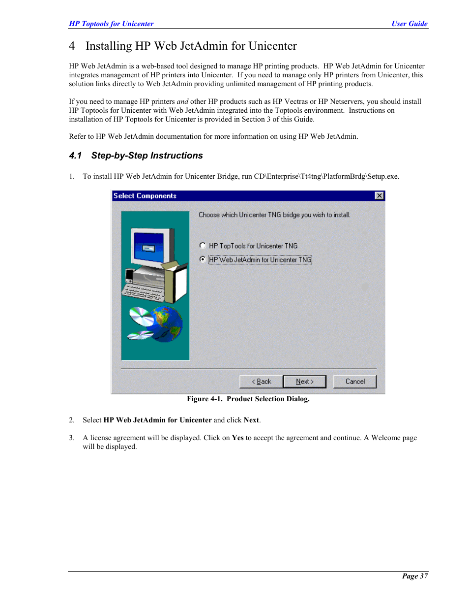 Step-by-step instructions, Installing hp web jetadmin for unicenter, Nstructions | 4 installing hp web jetadmin for unicenter | HP TopTools User Manual | Page 37 / 85