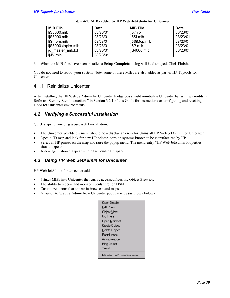 Reinitialize unicenter, Verifying a successful installation, Using hp web jetadmin for unicenter | Erifying a, Uccessful, Nstallation, Sing, Hp w, Dmin for, Nicenter | HP TopTools User Manual | Page 39 / 85