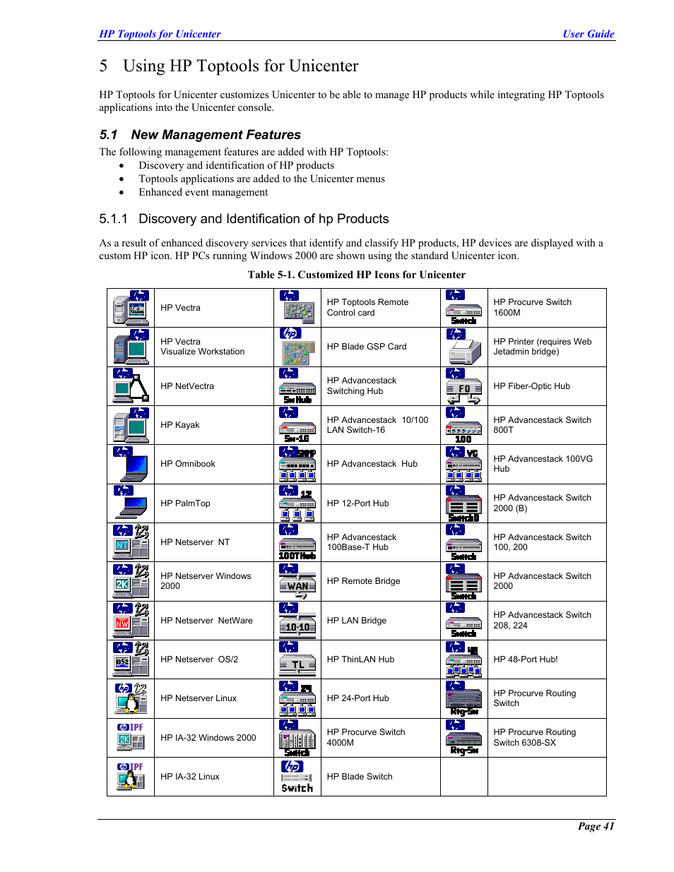 Using hp toptools for unicenter, New management features, Discovery and identification of hp products | Anagement, Eatures, 5 using hp toptools for unicenter, 1 new management features, 1 discovery and identification of hp products | HP TopTools User Manual | Page 41 / 85