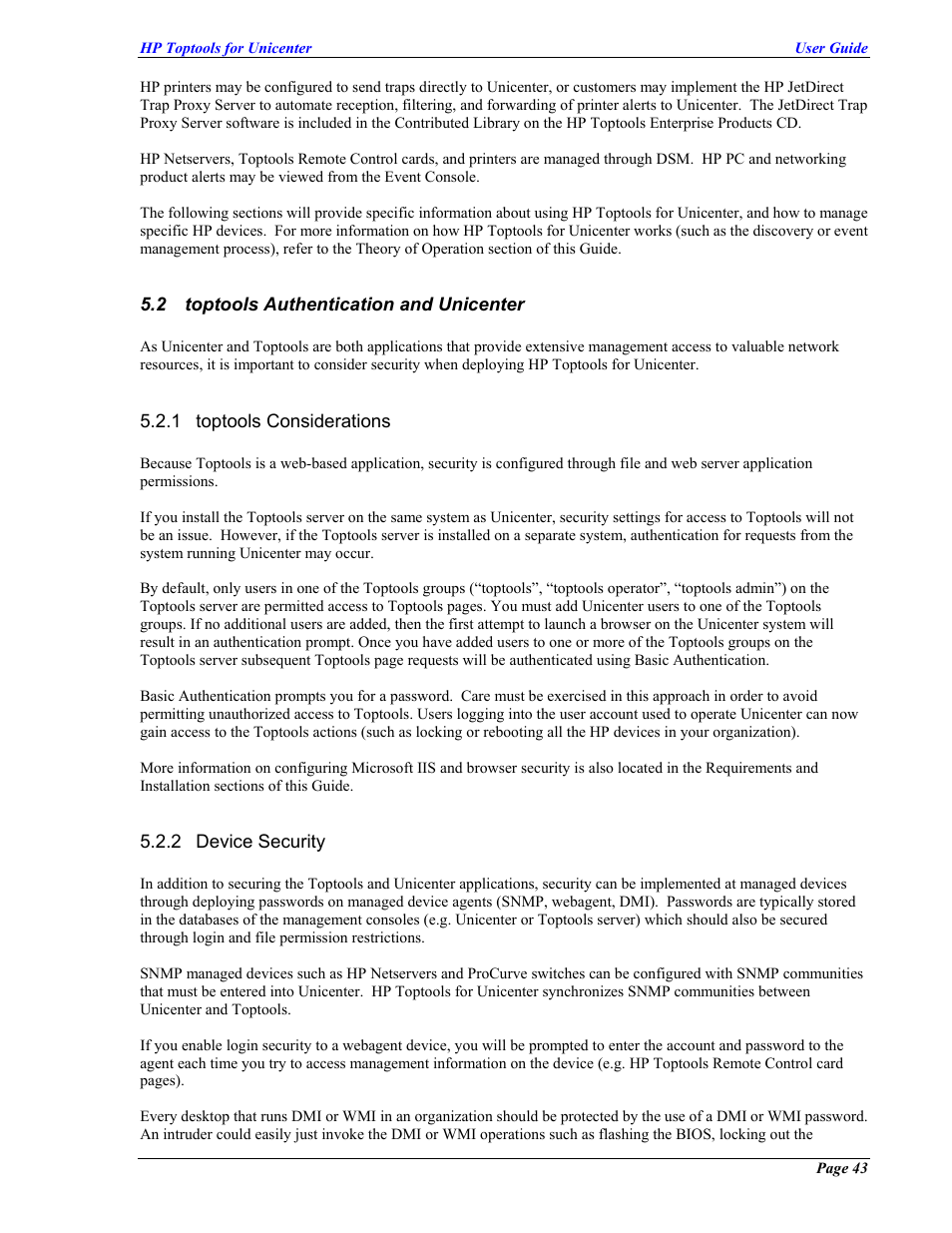 Toptools authentication and unicenter, Toptools considerations, Device security | Toptools, Uthentication and, Nicenter | HP TopTools User Manual | Page 43 / 85