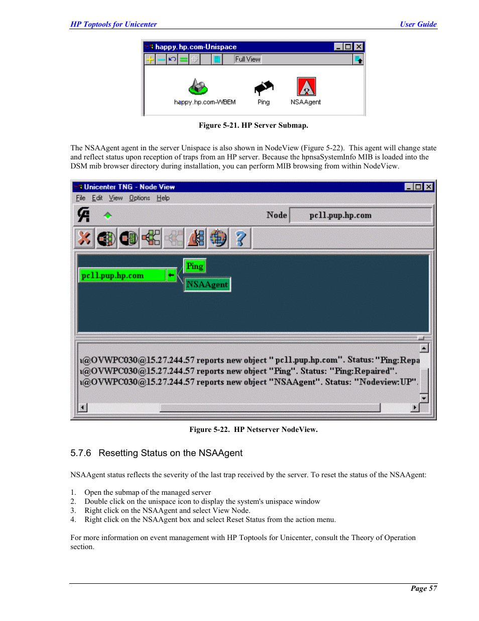 Resetting status on the nsaagent | HP TopTools User Manual | Page 57 / 85