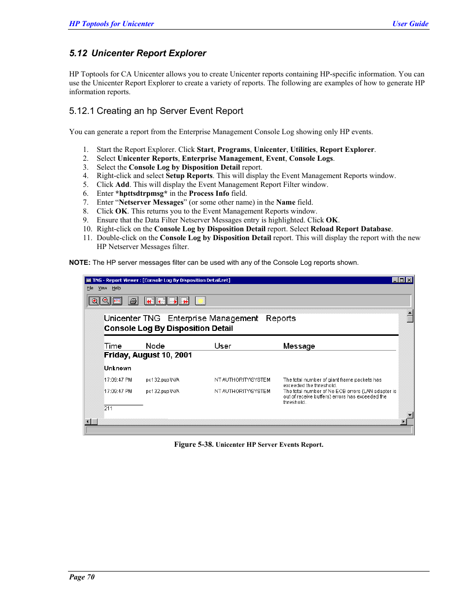 Unicenter report explorer, Creating an hp server event report, Nicenter | Eport, Xplorer | HP TopTools User Manual | Page 70 / 85