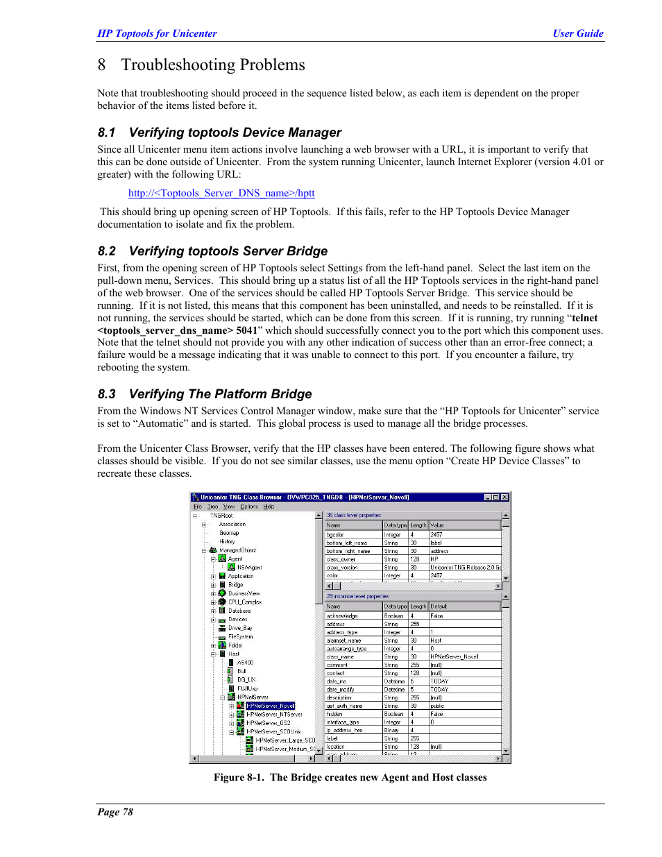 Troubleshooting problems, Verifying toptools device manager, Verifying toptools server bridge | Verifying the platform bridge, Erifying toptools, Evice, Anager, Erver, Ridge, Erifying | HP TopTools User Manual | Page 78 / 85