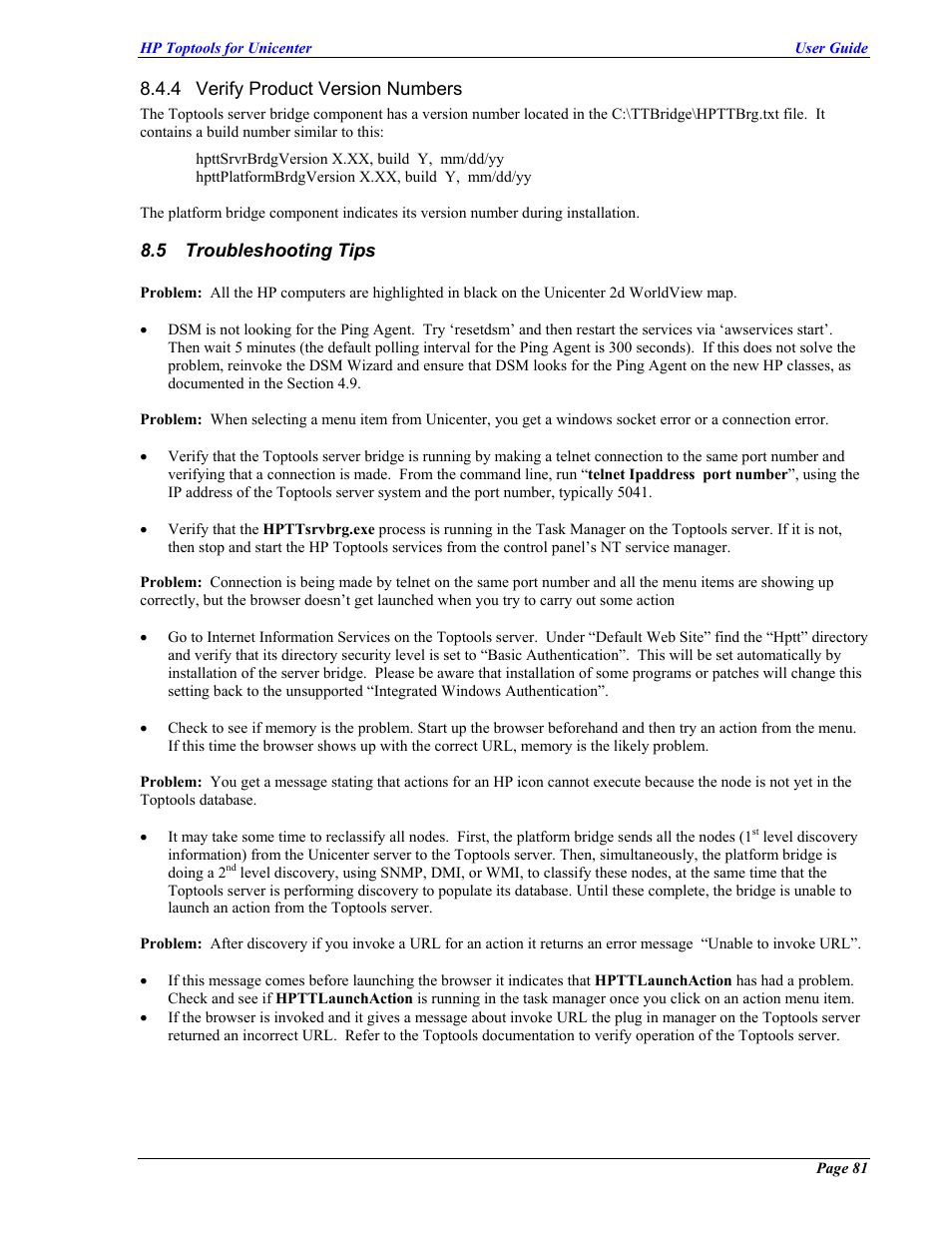 Verify product version numbers, Troubleshooting tips, Roubleshooting | HP TopTools User Manual | Page 81 / 85
