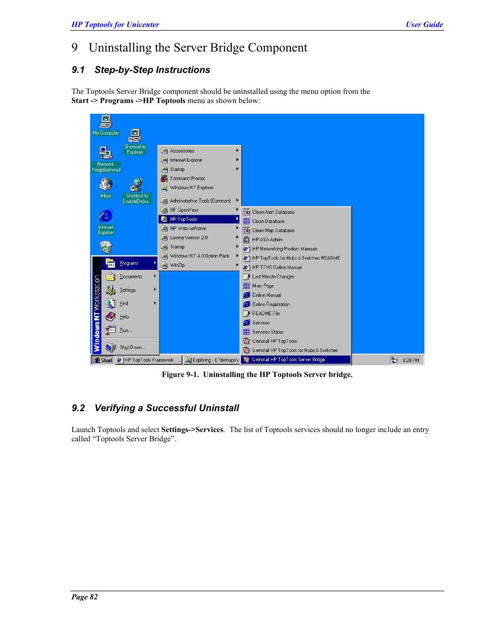 Uninstalling the server bridge component, Step-by-step instructions, Verifying a successful uninstall | Nstructions, Erifying a, Uccessful, Ninstall, 9 uninstalling the server bridge component | HP TopTools User Manual | Page 82 / 85