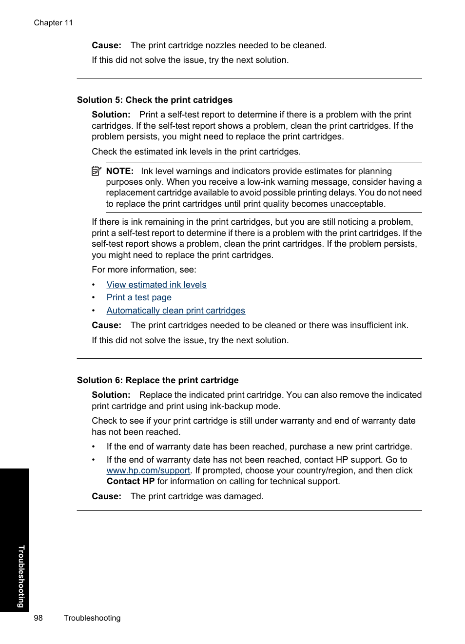 Solution 5: check the print catridges, Solution 6: replace the print cartridge | HP Deskjet Ink Advantage D730 Printer User Manual | Page 100 / 122