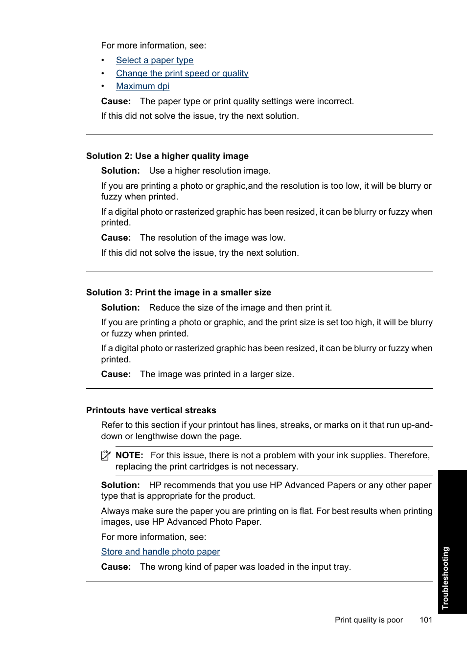 Printouts have vertical streaks, Solution 2: use a higher quality image, Solution 3: print the image in a smaller size | HP Deskjet Ink Advantage D730 Printer User Manual | Page 103 / 122