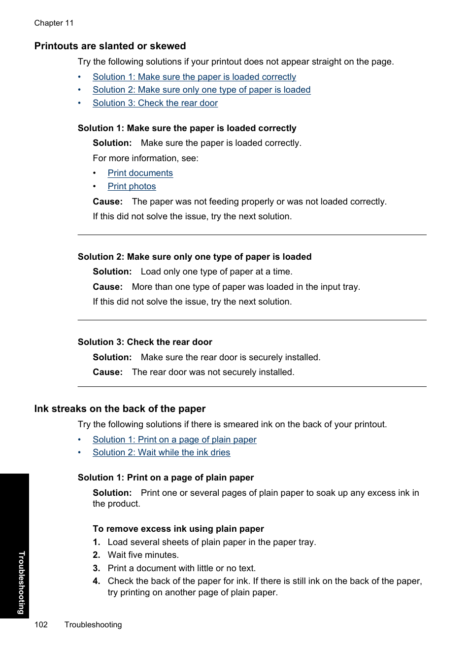 Printouts are slanted or skewed, Ink streaks on the back of the paper | HP Deskjet Ink Advantage D730 Printer User Manual | Page 104 / 122