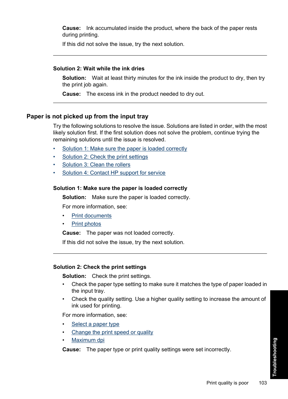 Paper is not picked up from the input tray, Solution 2: wait while the ink dries | HP Deskjet Ink Advantage D730 Printer User Manual | Page 105 / 122