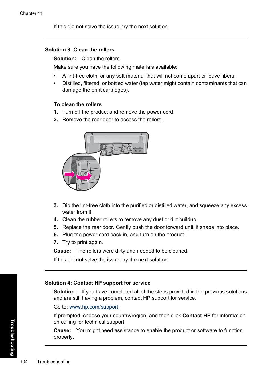 Solution 3: clean the rollers, Solution 4: contact hp support for service | HP Deskjet Ink Advantage D730 Printer User Manual | Page 106 / 122