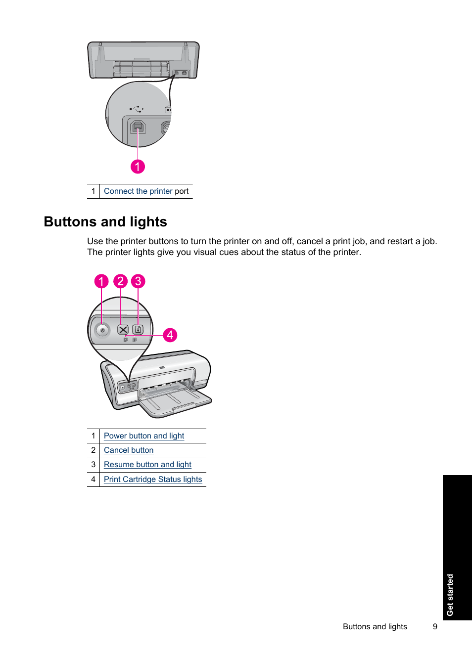 Buttons and lights | HP Deskjet Ink Advantage D730 Printer User Manual | Page 11 / 122