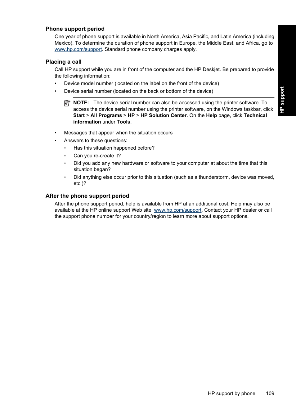 Phone support period, Placing a call, After the phone support period | HP Deskjet Ink Advantage D730 Printer User Manual | Page 111 / 122