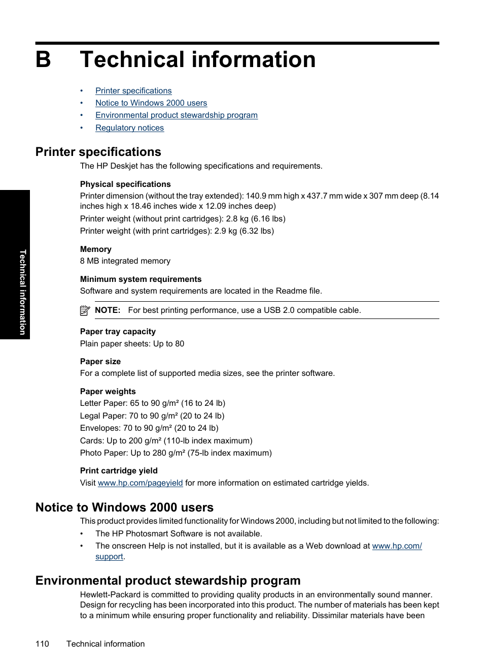 Technical information, Printer specifications, Notice to windows 2000 users | Environmental product stewardship program, B technical information, Printer, Specifications, Paper weights, Btechnical information | HP Deskjet Ink Advantage D730 Printer User Manual | Page 112 / 122