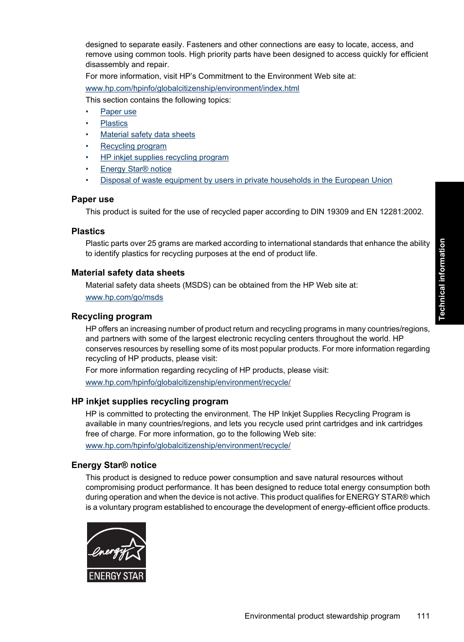 Paper use, Plastics, Material safety data sheets | Recycling program, Hp inkjet supplies recycling program, Energy star® notice | HP Deskjet Ink Advantage D730 Printer User Manual | Page 113 / 122
