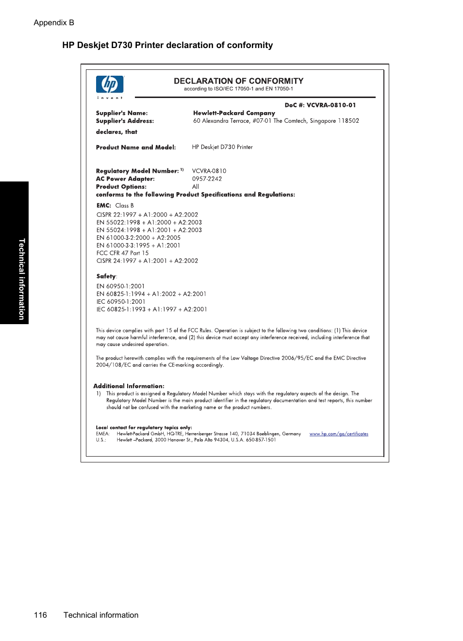 Hp deskjet d730 printer declaration of conformity | HP Deskjet Ink Advantage D730 Printer User Manual | Page 118 / 122