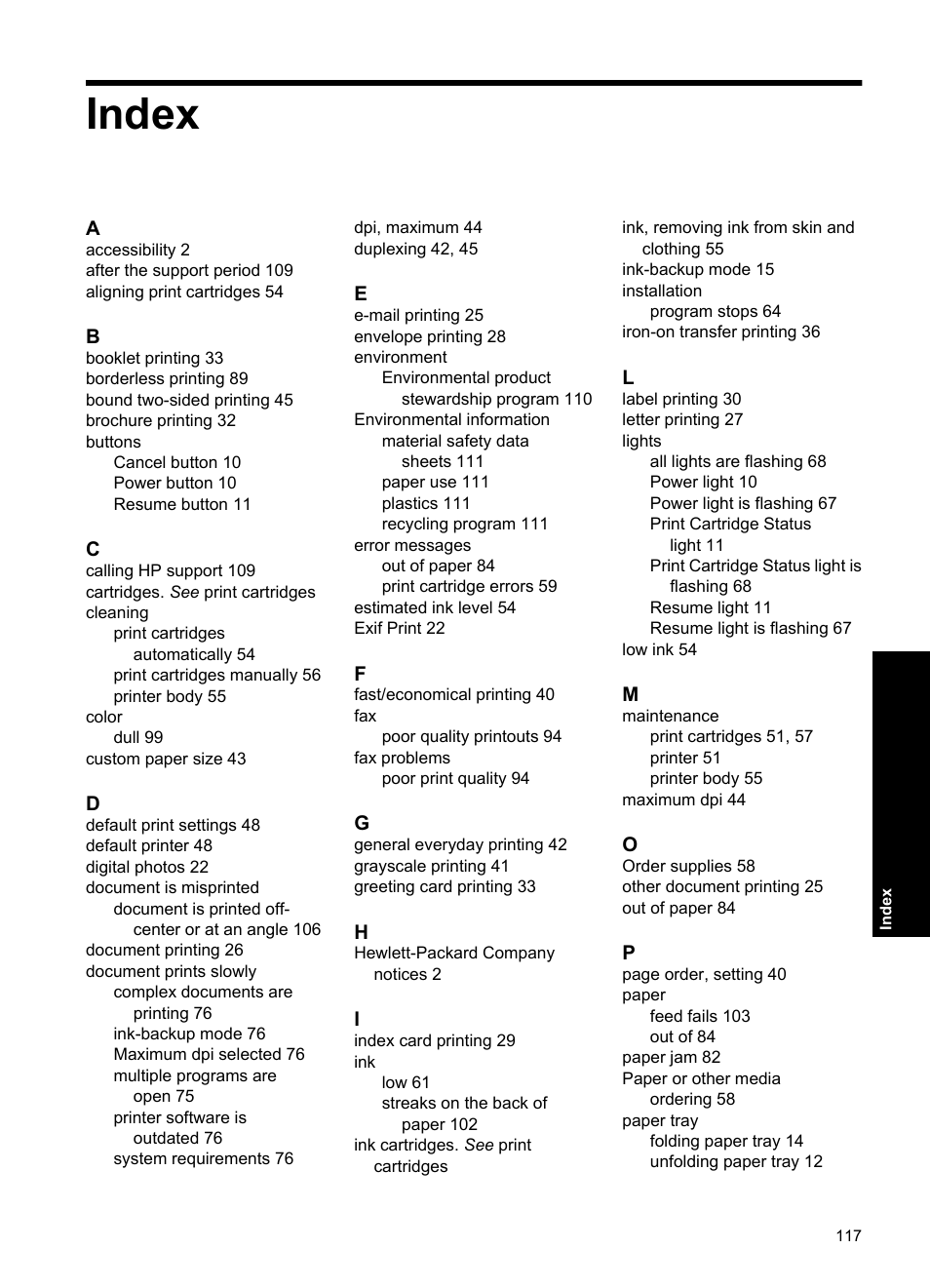 Index | HP Deskjet Ink Advantage D730 Printer User Manual | Page 119 / 122