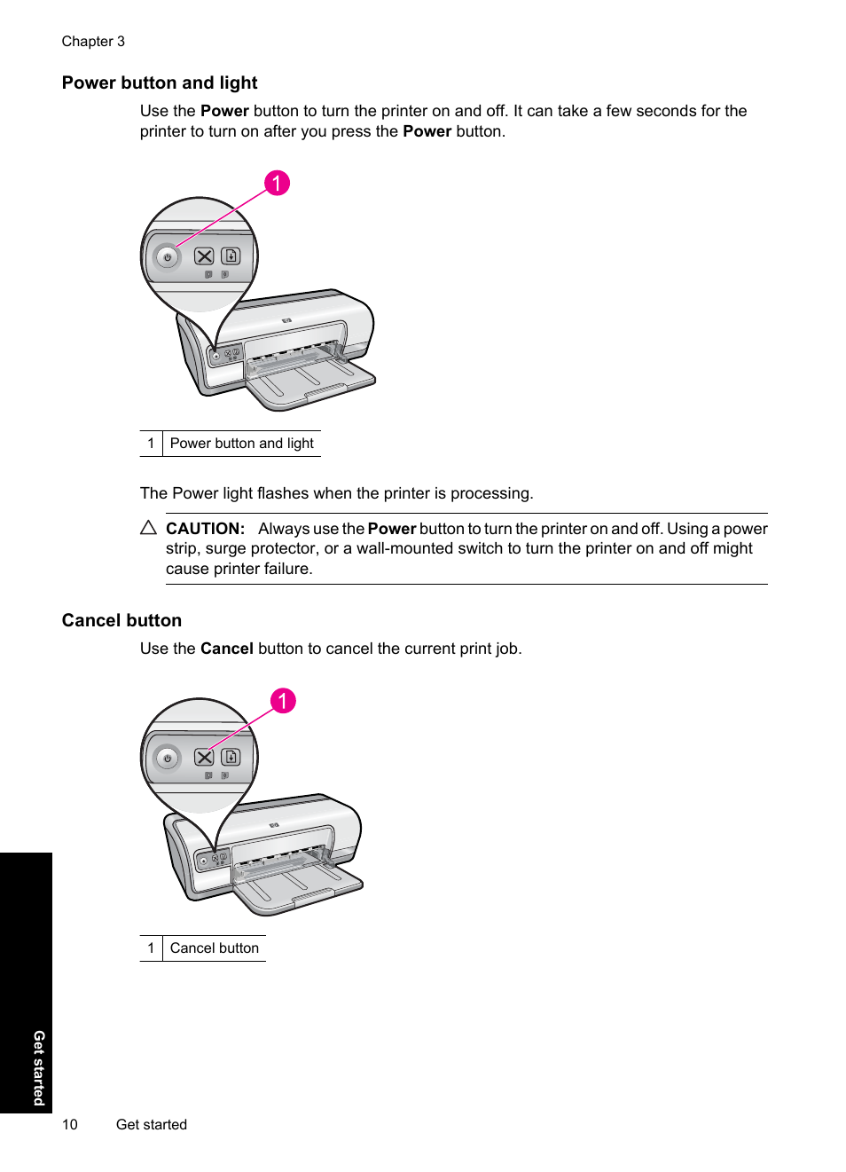 Power button and light, Cancel button | HP Deskjet Ink Advantage D730 Printer User Manual | Page 12 / 122