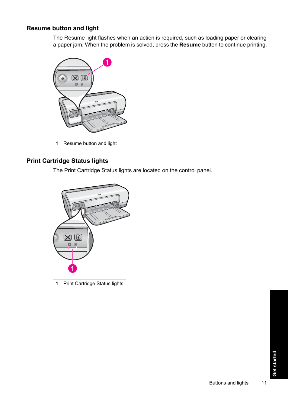 Resume button and light, Print cartridge status lights | HP Deskjet Ink Advantage D730 Printer User Manual | Page 13 / 122