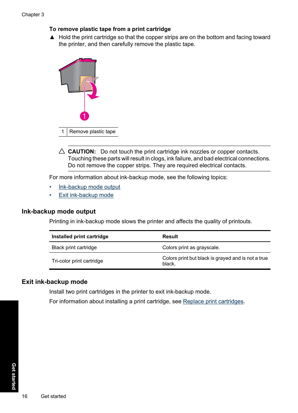 Ink-backup mode output, Exit ink-backup mode | HP Deskjet Ink Advantage D730 Printer User Manual | Page 18 / 122