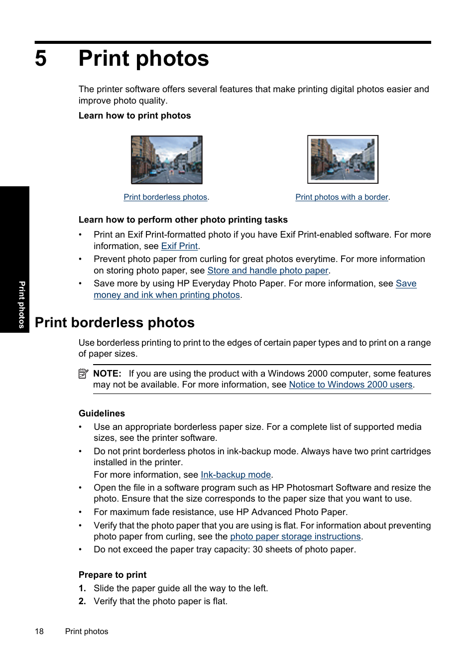 Print photos, Print borderless photos, 5 print photos | 5print photos | HP Deskjet Ink Advantage D730 Printer User Manual | Page 20 / 122