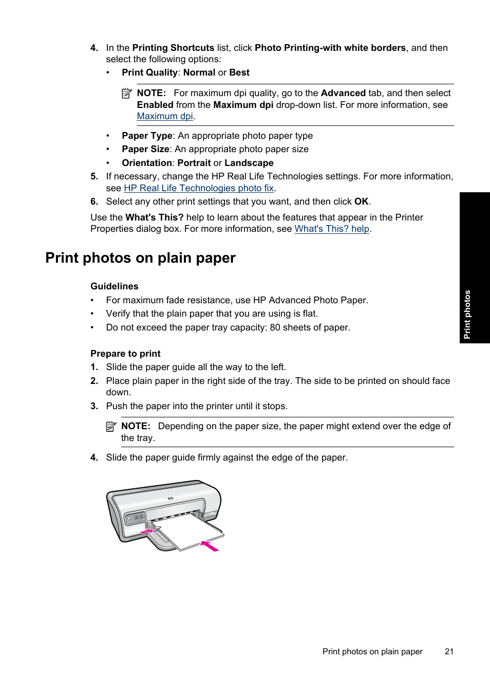 Print photos on plain paper | HP Deskjet Ink Advantage D730 Printer User Manual | Page 23 / 122