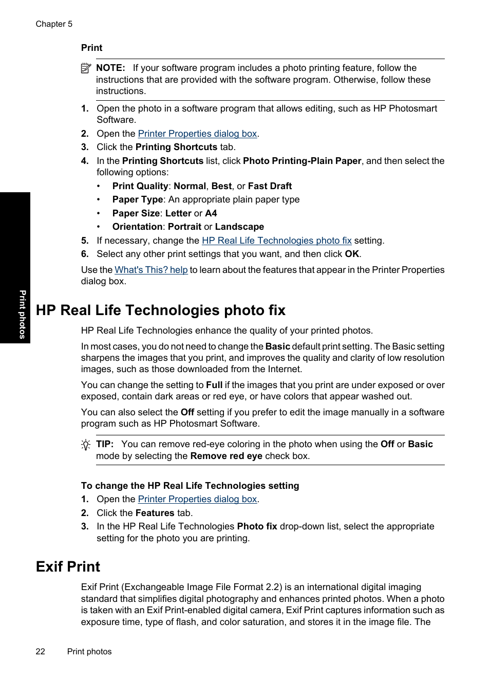 Hp real life technologies photo fix, Exif print, Hp real life technologies photo fix exif print | HP Deskjet Ink Advantage D730 Printer User Manual | Page 24 / 122