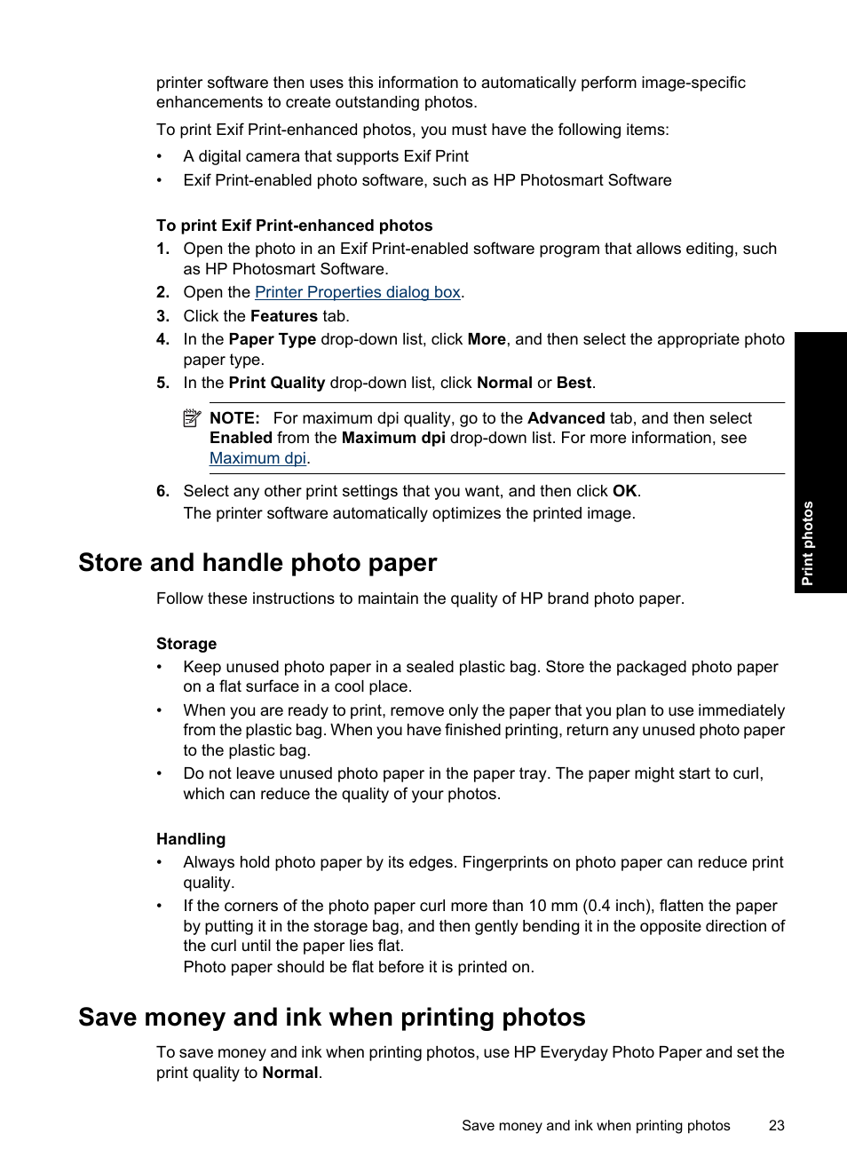 Store and handle photo paper, Save money and ink when printing photos, Save | Money and ink when printing photos, Photo paper storage instructions | HP Deskjet Ink Advantage D730 Printer User Manual | Page 25 / 122