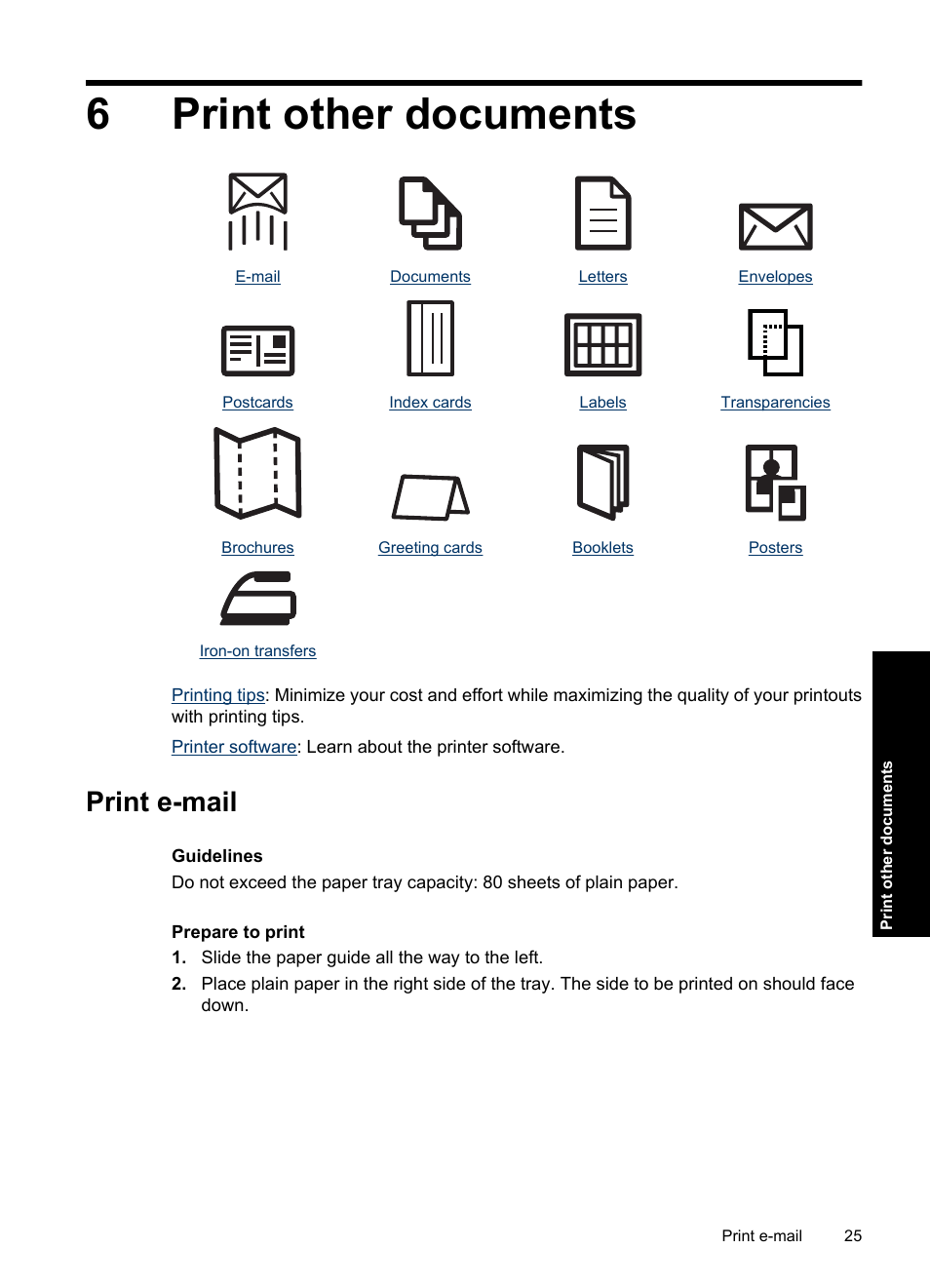 Print other documents, Print e-mail, 6 print other documents | 6print other documents | HP Deskjet Ink Advantage D730 Printer User Manual | Page 27 / 122