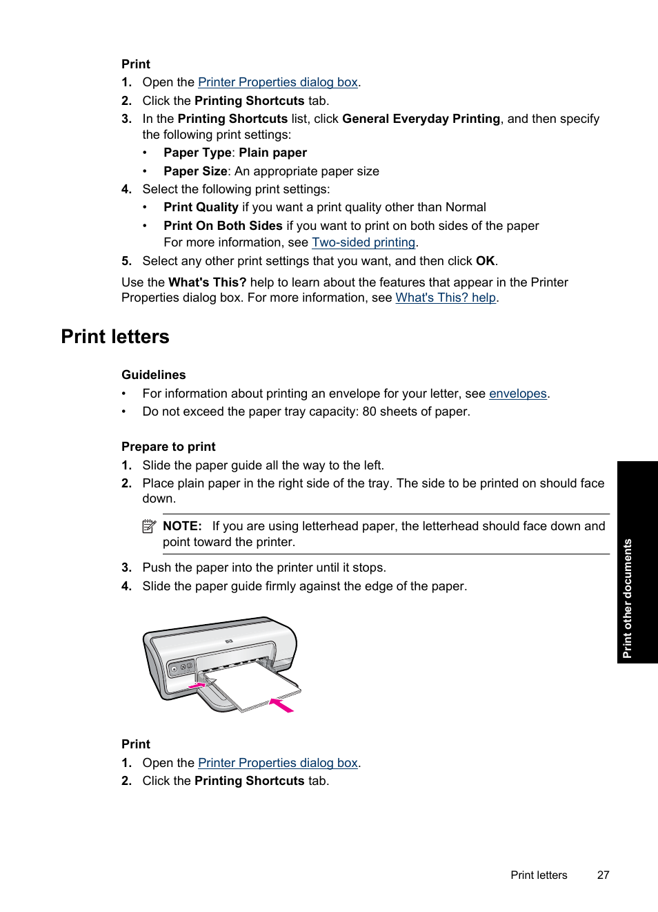 Print letters, Letters | HP Deskjet Ink Advantage D730 Printer User Manual | Page 29 / 122