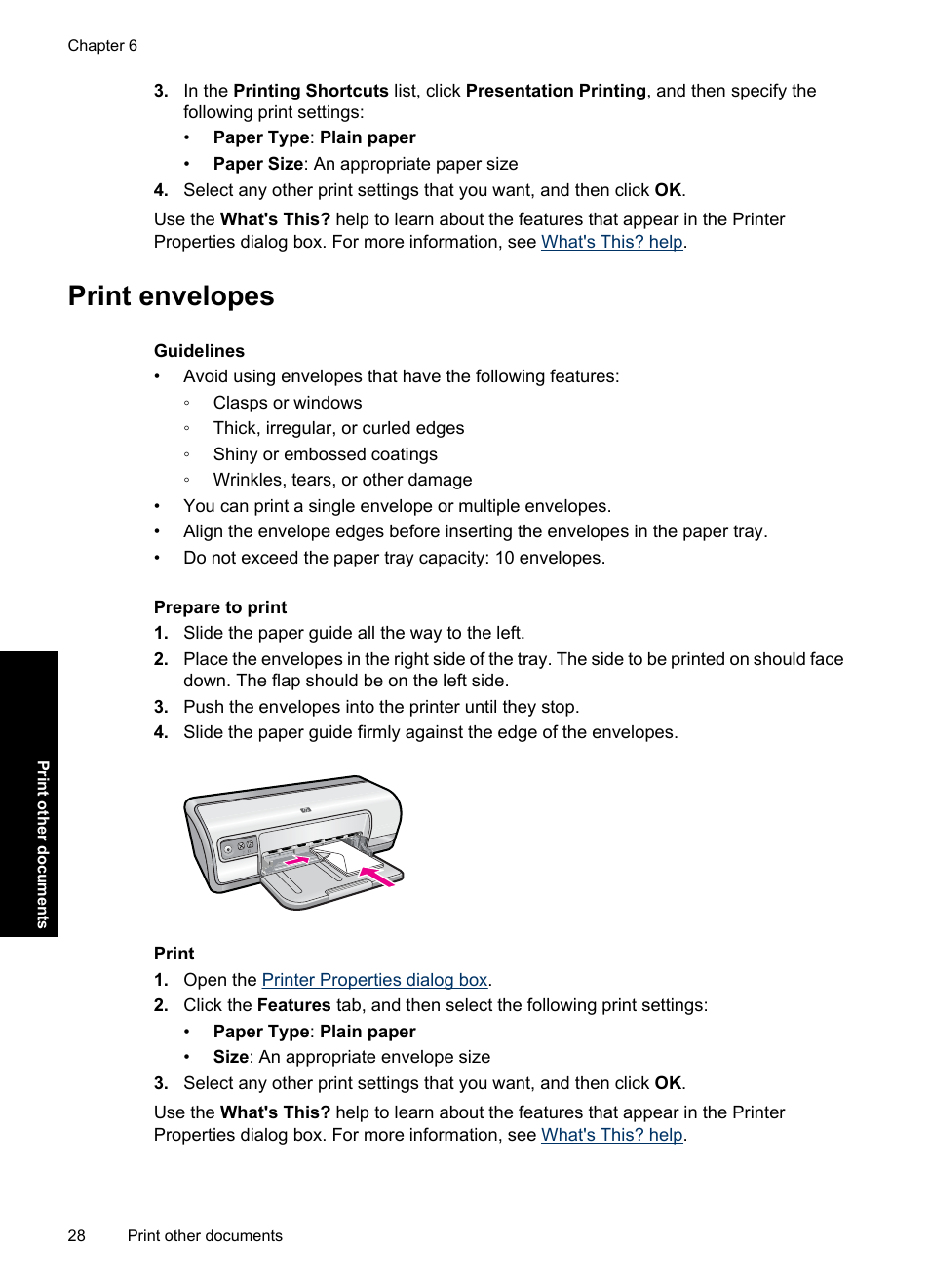 Print envelopes, Envelopes | HP Deskjet Ink Advantage D730 Printer User Manual | Page 30 / 122