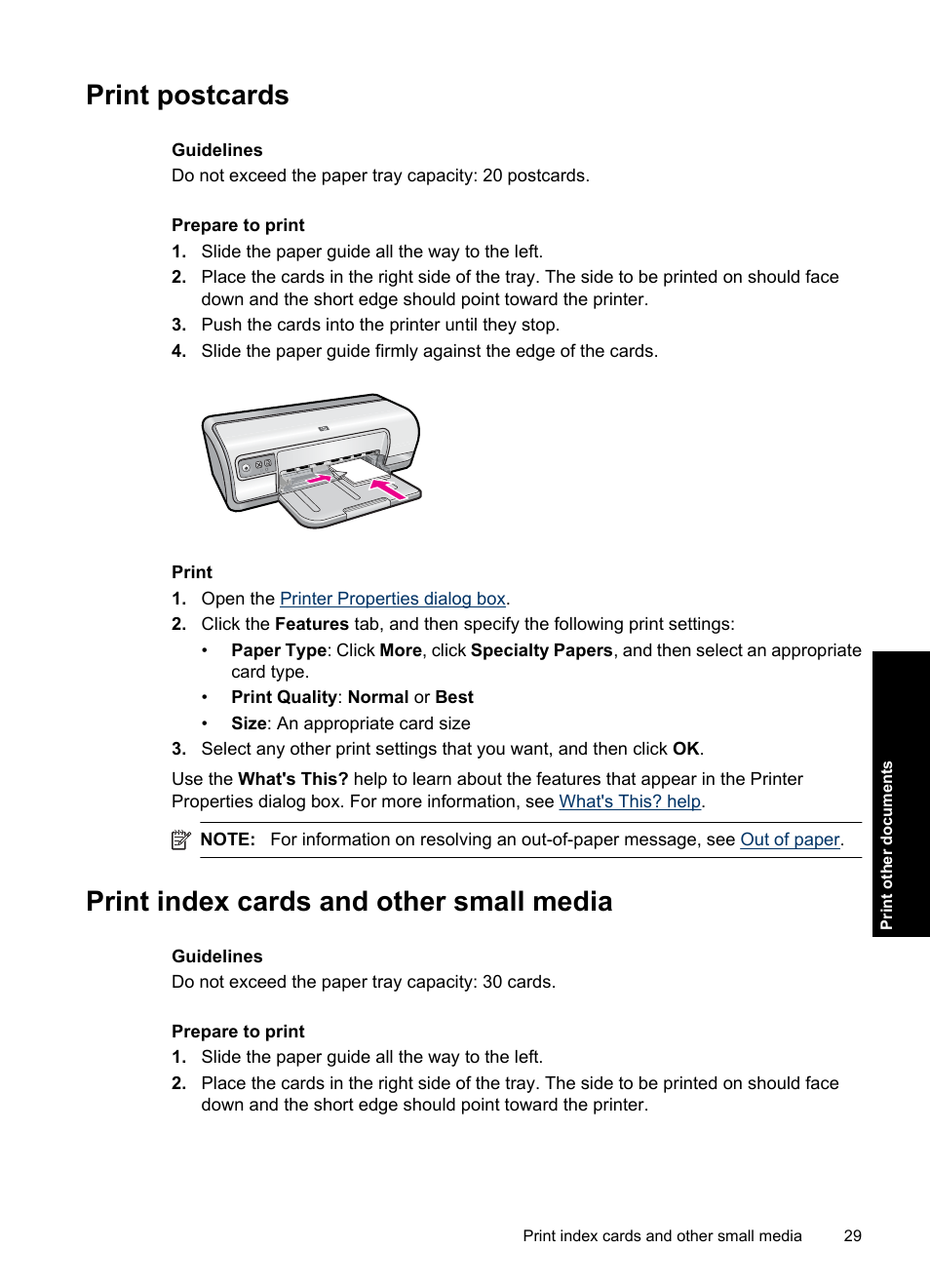 Print postcards, Print index cards and other small media, Postcards | Index cards | HP Deskjet Ink Advantage D730 Printer User Manual | Page 31 / 122