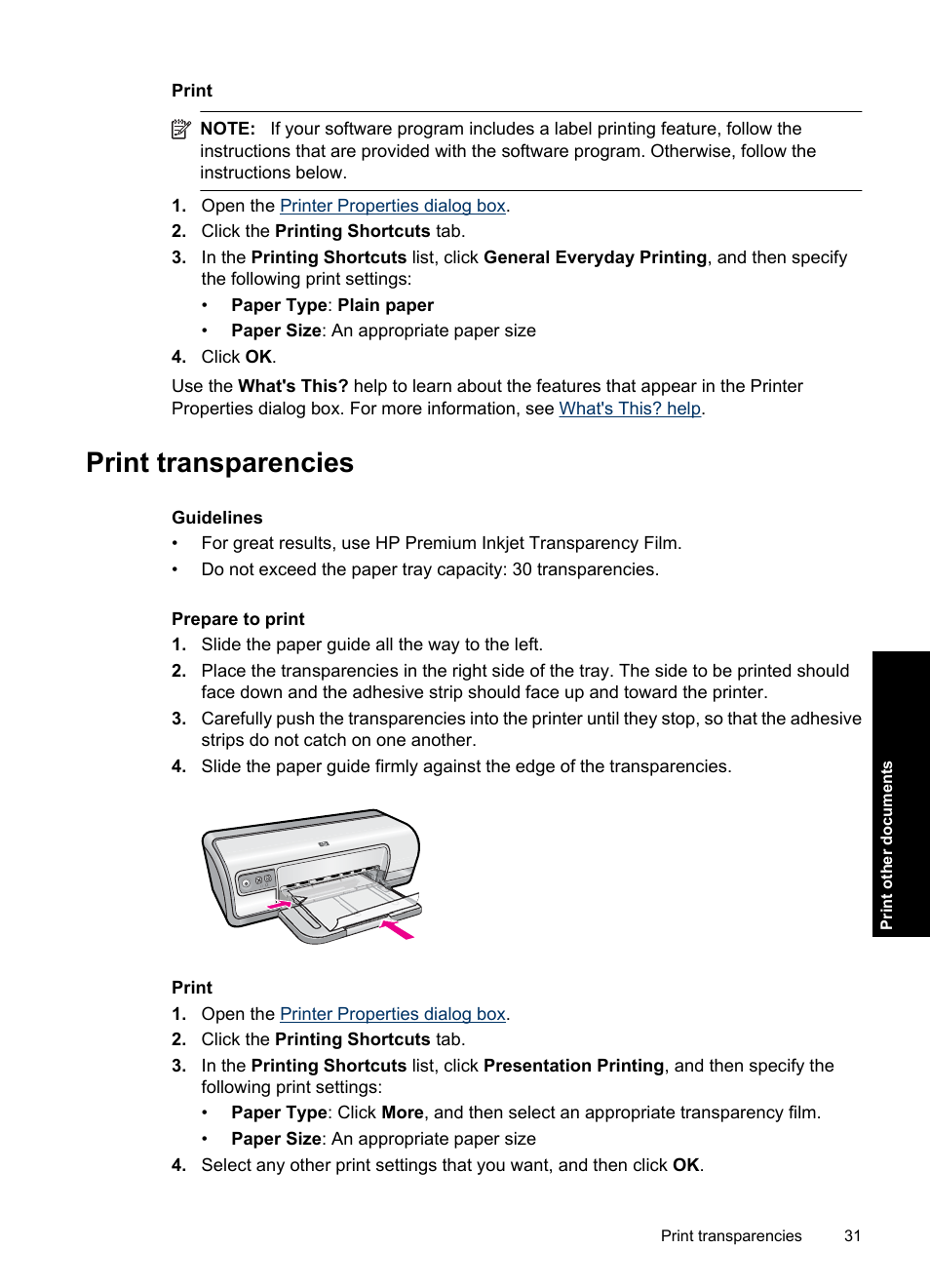 Print transparencies, Transparencies | HP Deskjet Ink Advantage D730 Printer User Manual | Page 33 / 122